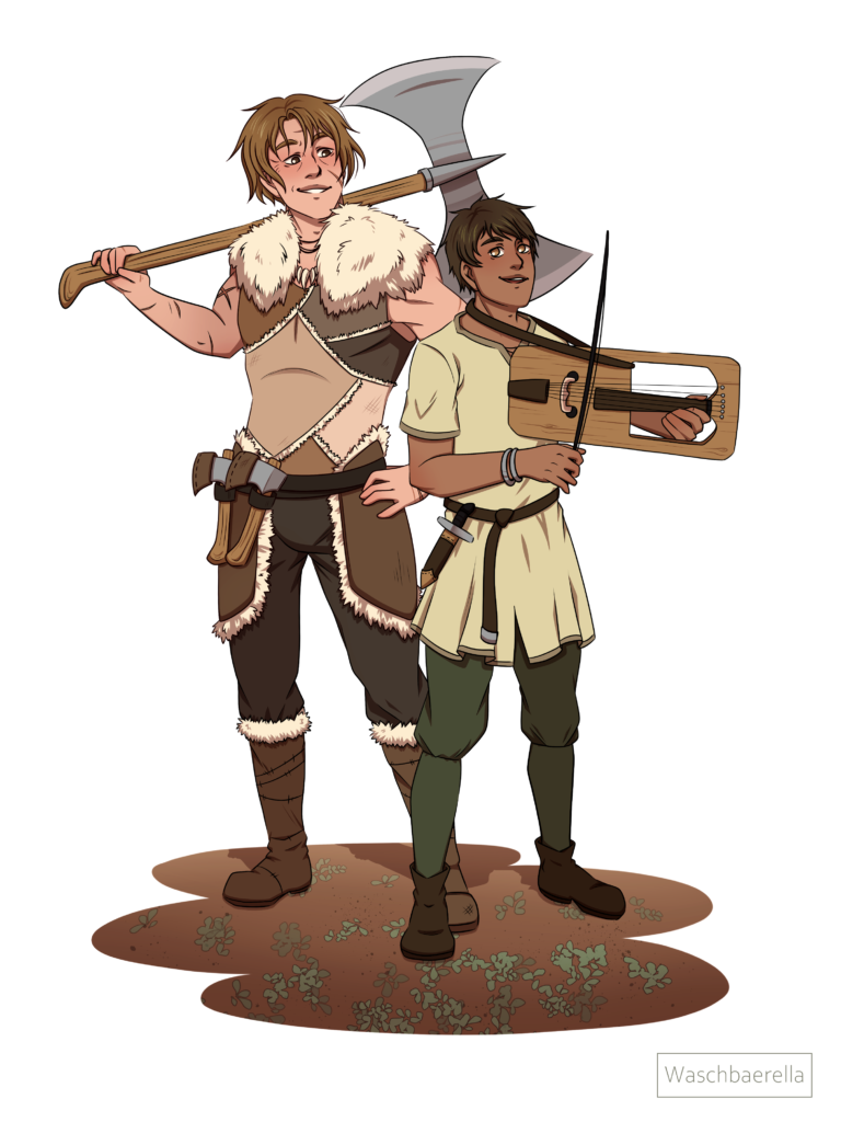 Yagmar the Barbarian and Oghni the Bard standing side by side. Yagmar holds a large axe jauntily resting on his shoulder, Oghni is playing a crwth - a 12th century Welsh instrument that was a predecessor to the violin.